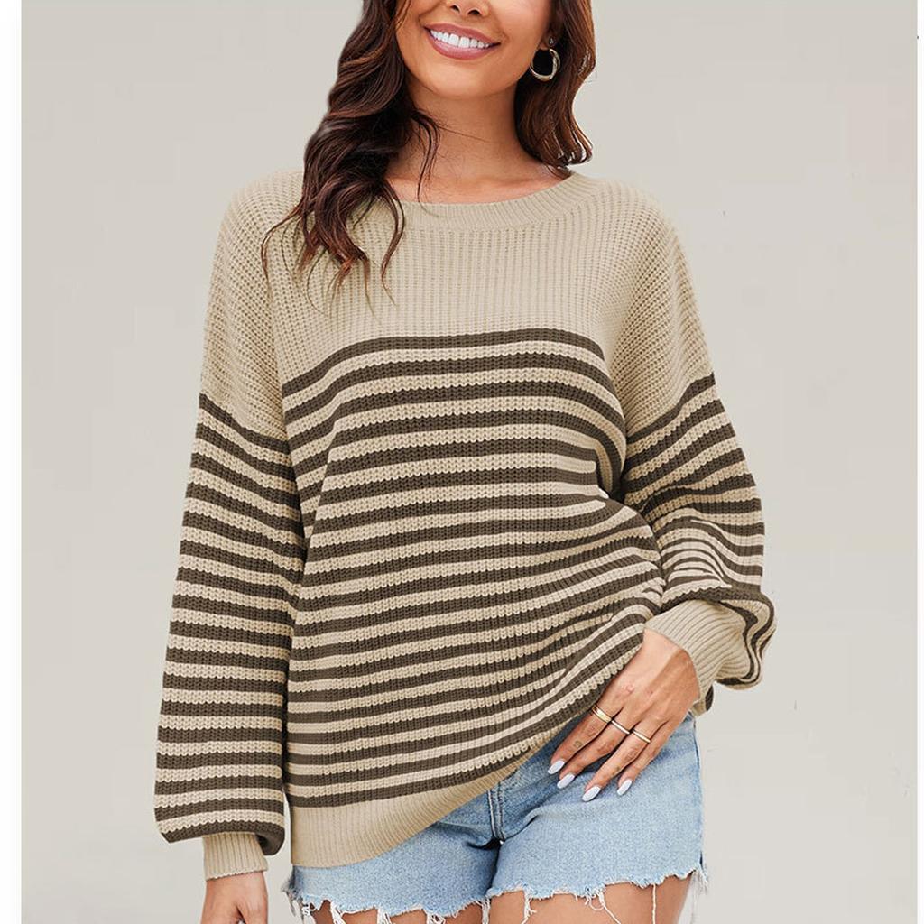 Women's Fashionable Round Neck Striped Knitted Sweater Pullover Sweater Long Sleeved Top