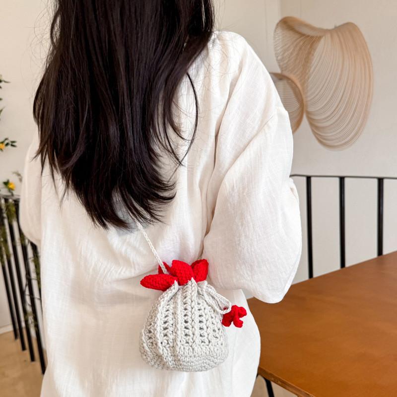 Minimally Woven Crossbody Bag With Flower Appearance And Drawstring Design For Daily Use