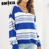 Женская мода, повседневный полосатый принт, осень-зима, свободные свитера с длинным рукавом и v-образным вырезом