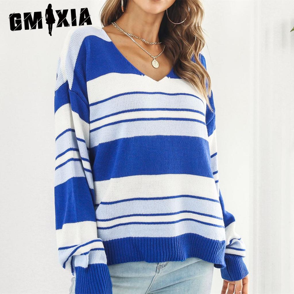 GMXIA Женская мода, повседневный полосатый принт, осень-зима, свободные свитера с длинным рукавом и v-образным вырезом