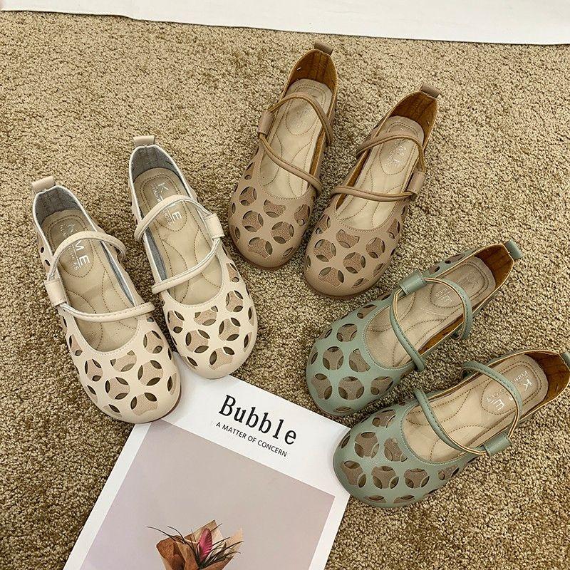 Кожаная обувь для мам, полые туфли в стиле ретро, ​​нескользящие сандалии с мягкой подошвой в стиле ретро, ​​женские туфли Мэри Джейн на плоской подошве