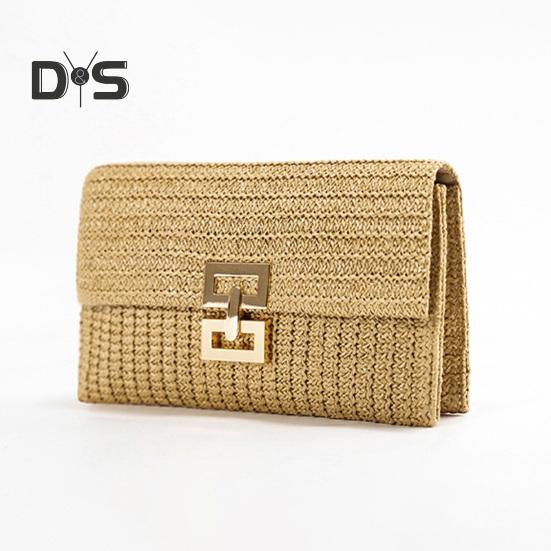 Women Clutch Bag Envelope Shape Bohemian Style Foldable Double-layer Straw Braided Solid Color Portable Summer Beach Vacation Handbag