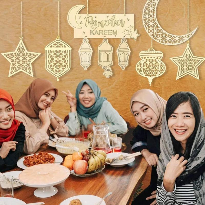 8 X Ид Рамадан Фонарь Мубарак Украшение Мусульманская Исламская Вечеринка Деревянный Подвесной Декор