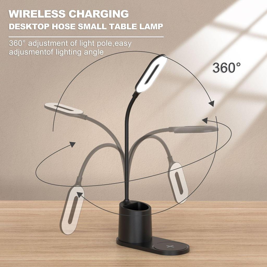 3-in-1 Pen Holder Desk Lamp with 15W Wireless Fast Charging, QC2.0 Protocol, TYPE-C Power, 360° Flexible Pole & 3-Color Stepless Dimming