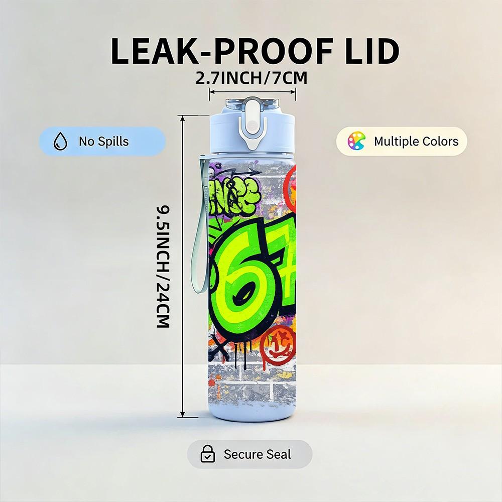 1PC Bright Six Seven Graffiti Number Art 750ml Color Plastic Sports Water Bottle Leakproof Flip Straw Lid Suitable for Sports Office Home Use
