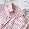 Women's Pink Pinstripe Embroidered Polo Collar Long Sleeve Shirt - Korean Spring Design