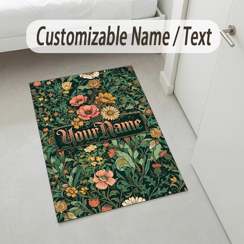 Floral Artwork Theme Soft Crystal Velvet Rug Custom Name & Text Print Non Slip Floor Rug for Bedroom Living Room