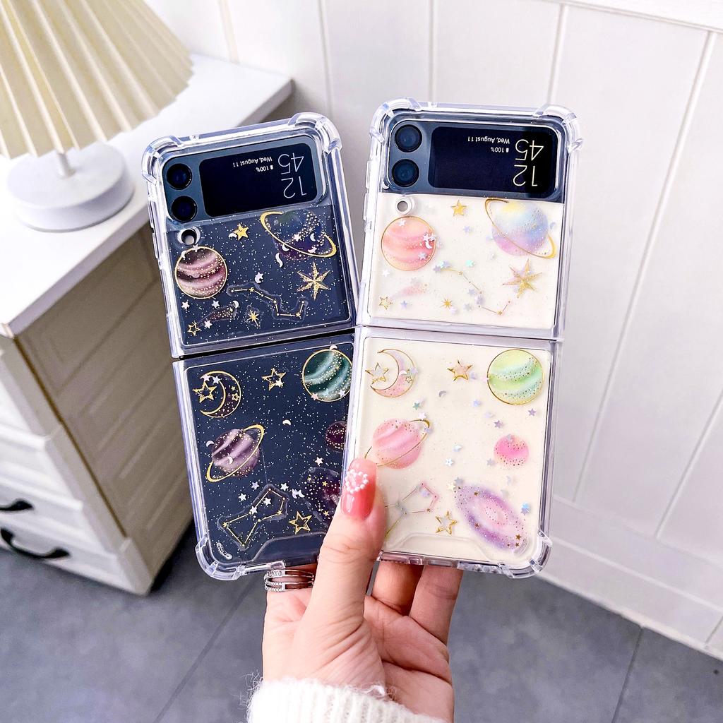 Для Samsung Galaxy Z Flip 4 3 Прозрачный блестящий чехол со звездой и планетой, прозрачная противоударная задняя крышка для Samsung Z Flip4 Zflip3, чехол