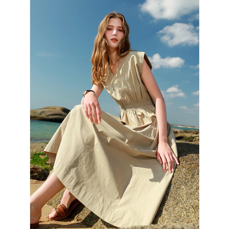 SANCITY Женское весеннее платье макси А-силуэта из чистого хлопка с V-образным вырезом 2025