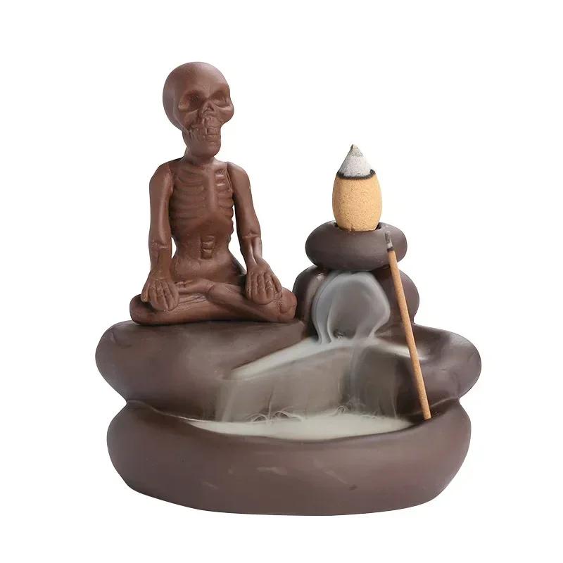 Halloween Ornament Skull Backflow Incense Burner Purple Clay Incense Stick Holder, Aromatherapy Home Decor Censer (No Incense)