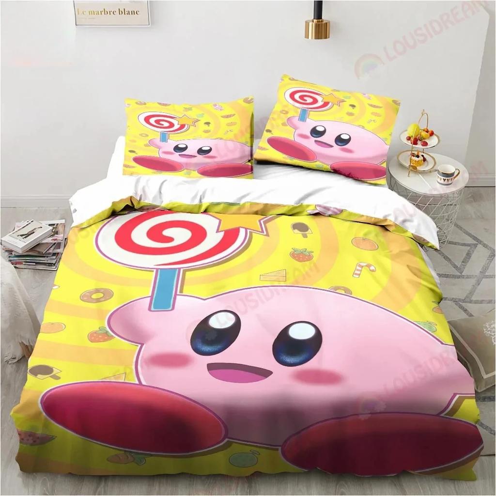Мультяшный принт Кирби Постельное белье Пододеяльник, Набор из 2 предметов Пододеяльник Подходящая наволочка с застежкой-молнией Мягкая микрофибра Односпальный