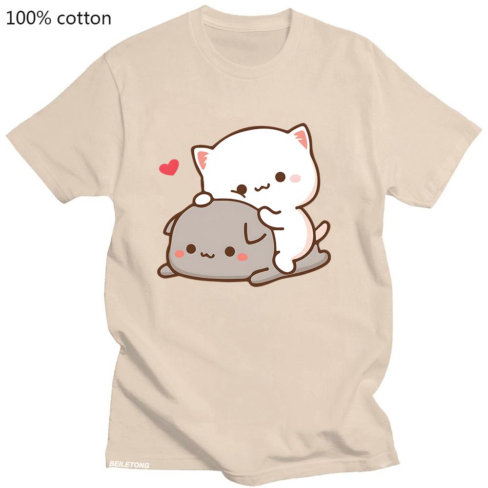 Peach Cat Goma and Mochi T-shirt New Summer Style T Shirt Femme Cute Print Women Tee-shirt Fashion Harajuku Couple 100% Cotton