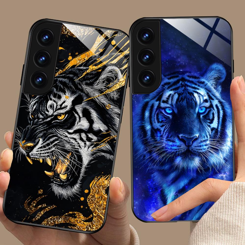 Неоновая чехол-бампер с тигром для мобильного телефона Samsung Galaxy A56 55 54 53 52 51 36 35 34 23 16 15 5G Стеклянный Цветной Чехол Роскошный