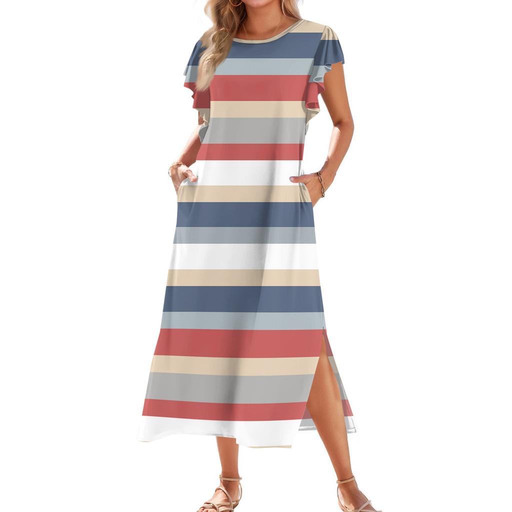 Женское модное летнее повседневное пляжное платье с плиссированными рукавами, свободными полосатыми короткими рукавами, круглыми завязками и карманами