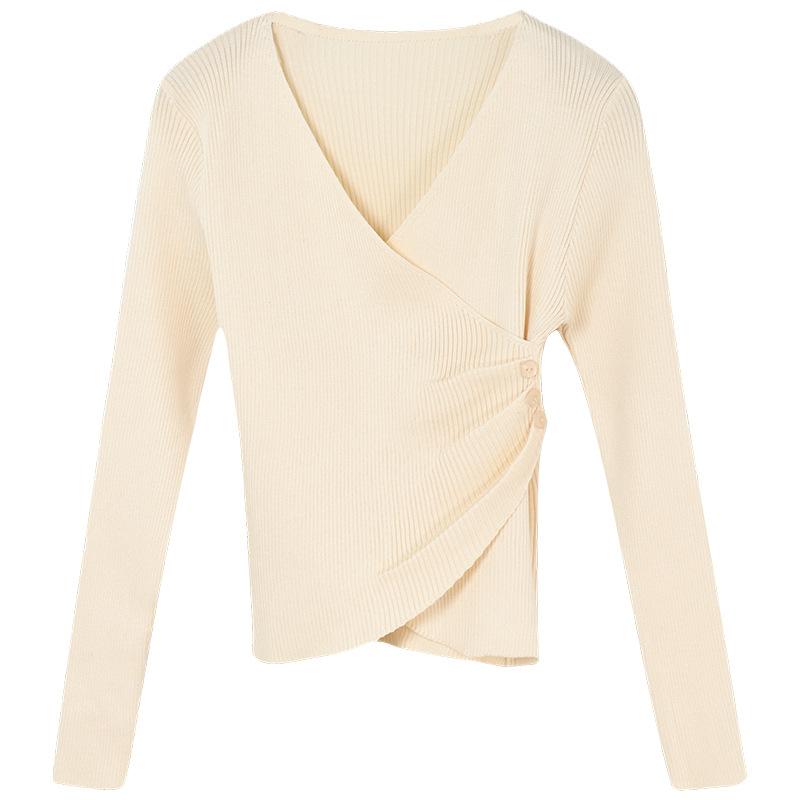 Женские осенние однотонные пуловеры в рубчик с V-образным вырезом, футболки, топы