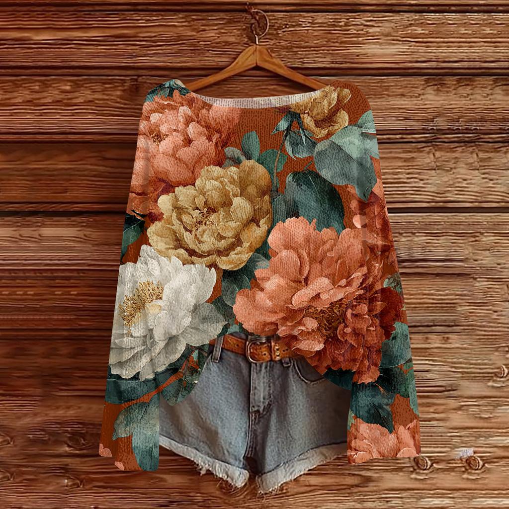 Женский легкий свитер повседневный с длинным рукавом вязаный винтажный с цветочным принтом пуловер