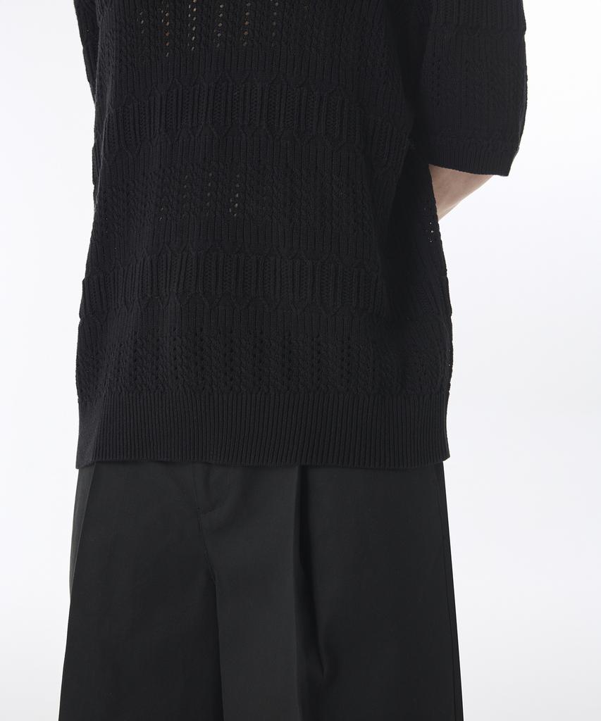 MUSINSA STANDARD Multi-Crochet Slit Neck Knitted Polo Shirt [Black]