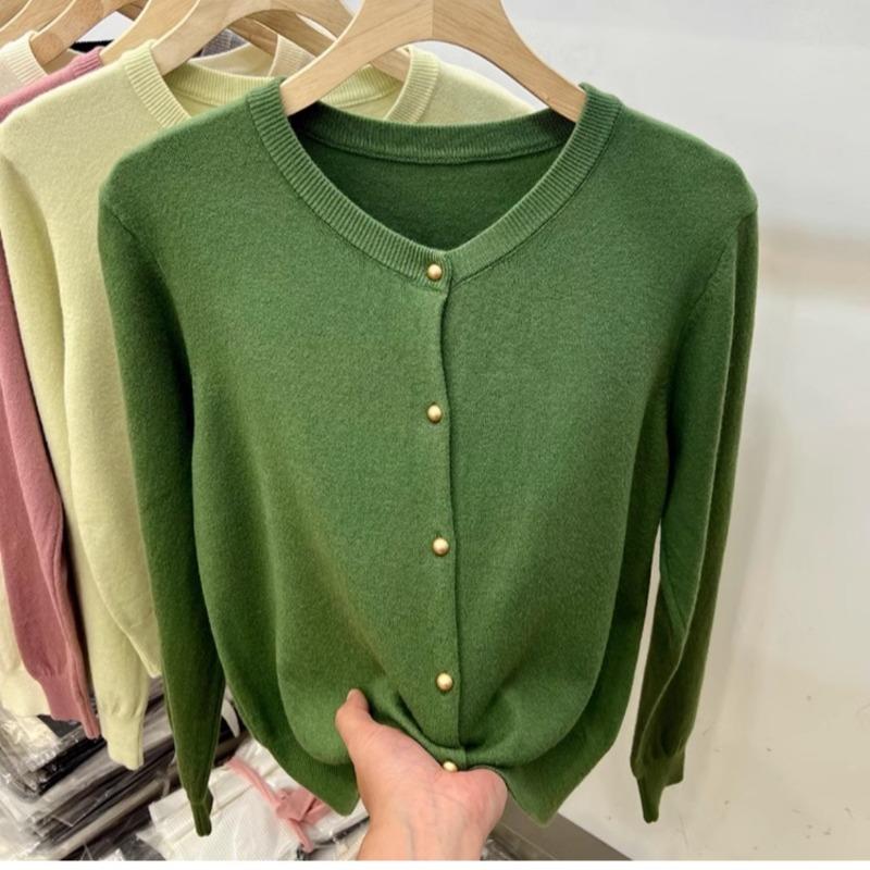 Винтажный круглый вырез свободный длинный рукав вязаный свитер кардиган женские топы осенняя мода верхняя одежда повседневные кардиганы женский однотонный трикотаж куртка 24859