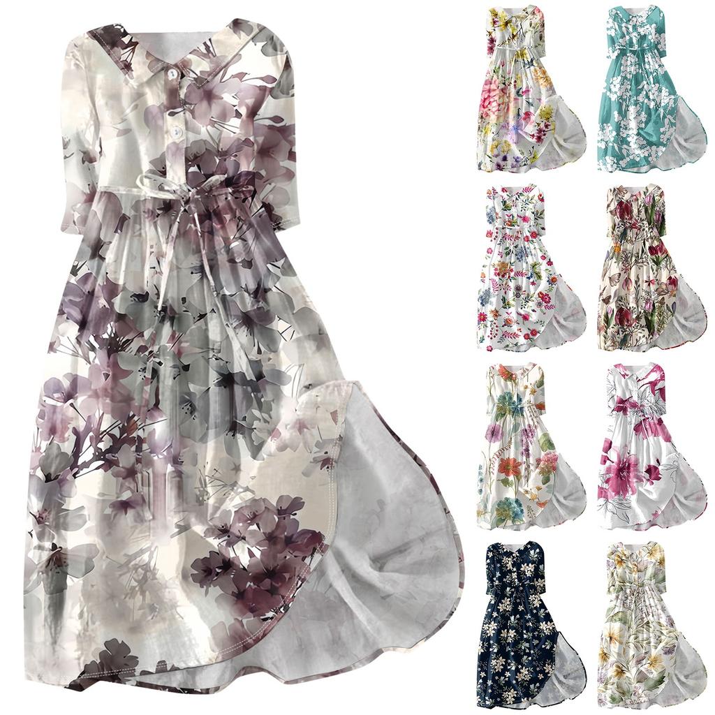 Women's Fashion Floral Printed Lapel Buttoned Seven-Point Sleeve Dress With Tie-Downs