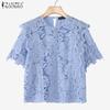Woimen Casual Round Neck Summer Short Sleeve Patchwork Crochet Blouse