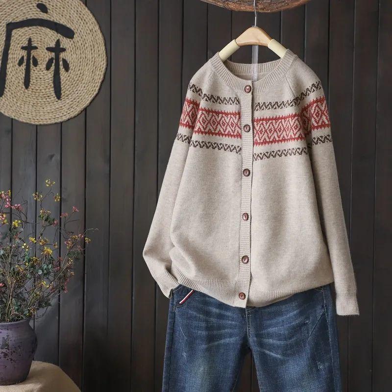 Sweaters Coat Cardigan for Women Stripe Vintage Loose Long Sleeve Knit Cardigan Sweaters Jacket
