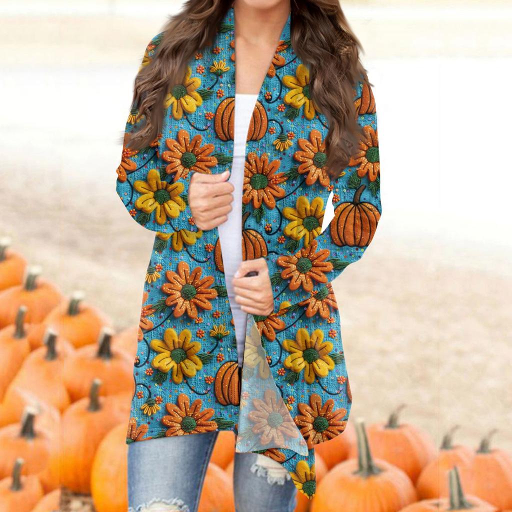 Женская мода повседневная Хэллоуин принтованный длинный рукав кардиган средней длины топы