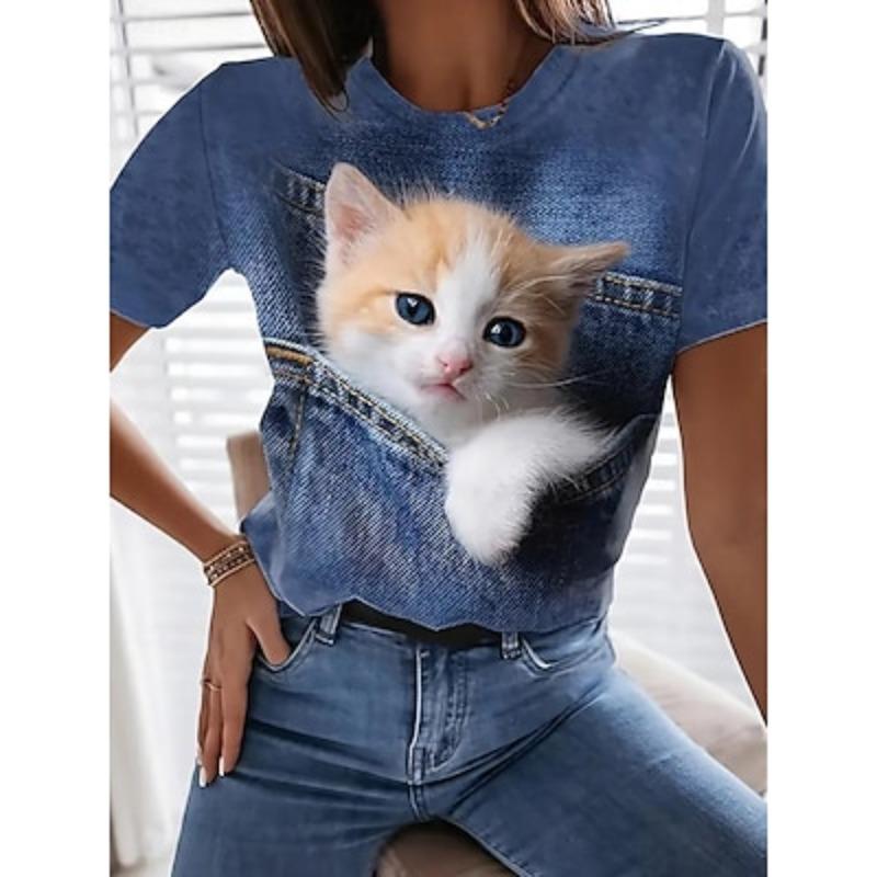 Женская футболка 3D Cat Daily Casual с коротким рукавом Синяя летняя