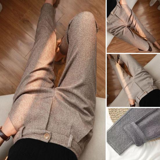 Women Suit Pants Herringbone Print High Waist Thick Warm Slim Fit Straight Soft Pockets OL Commute Formal Long Trousers Lady