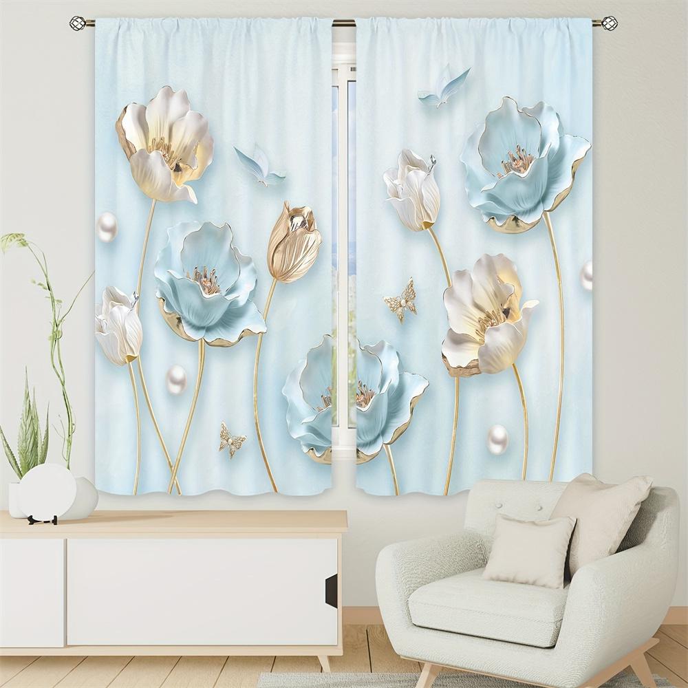 2Pcs Luxury Blue Floral Flower Vase Girl Window Treatment Curtains Blinds For Living Room Kids Bedroom Kitchen Door Home Decor