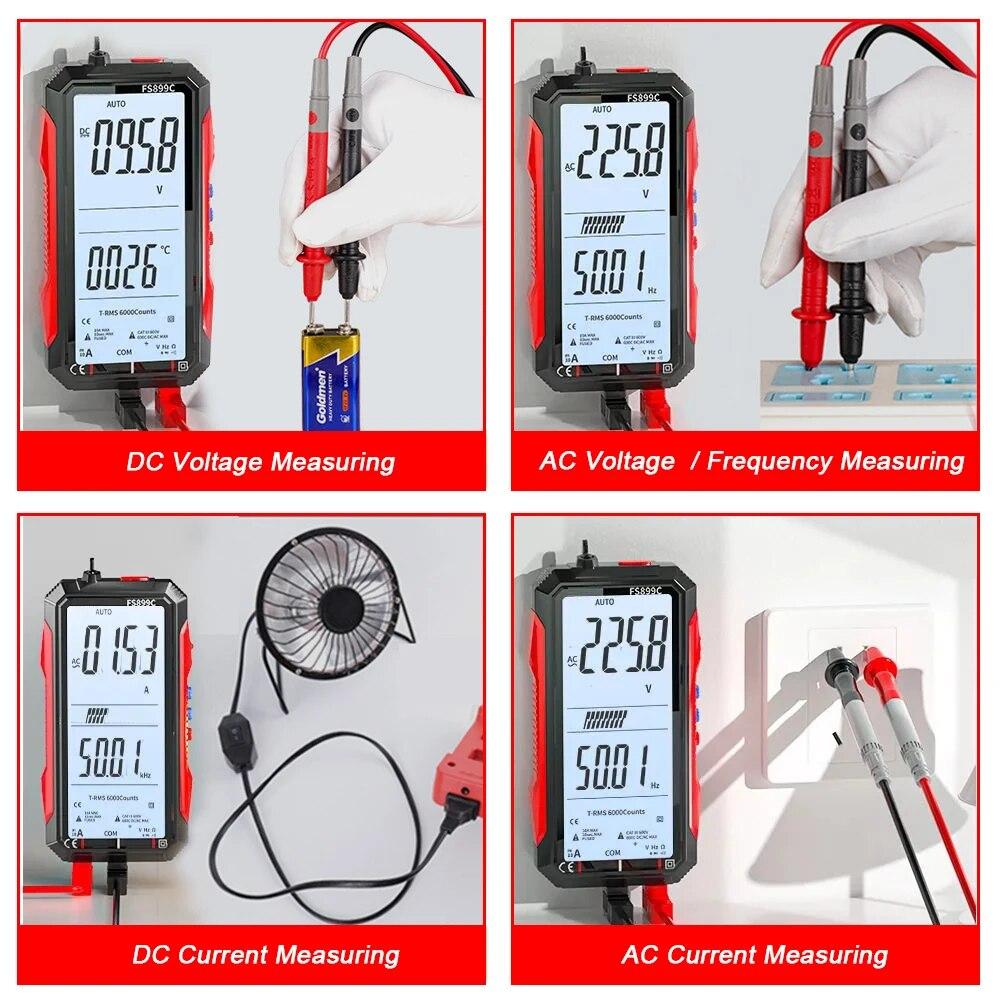 FS899C/FS899L Rechargeable Digital Multimeter 4.8 Inch Screen 6000 Counts Smart Auto Ranging Capacitance Ohm Hz Diode Tester