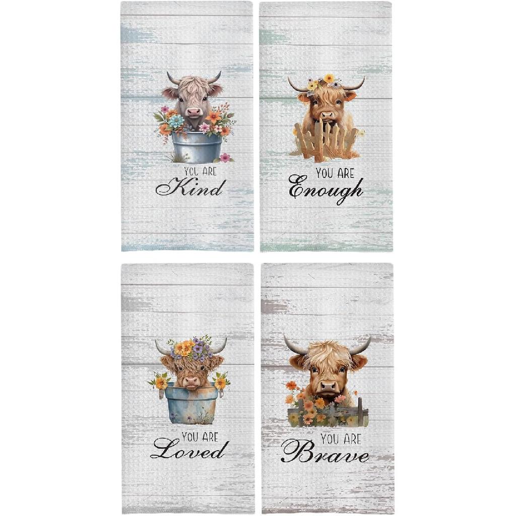 Floral Highland Cow Kitchen Towels, Cow Lovers Gifts for Women Dish Tea Towels for Kitchen Decor, Farmhouse Flower Highland Cattle Decorative Hand