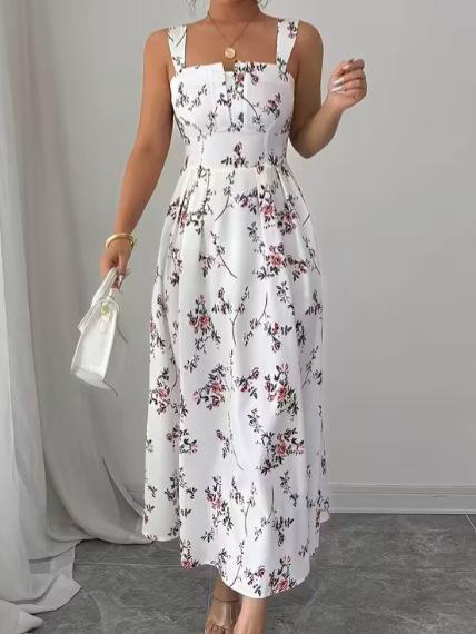 2026 Spring Floral Sleeveless Maxi Dress Sweet Cinched Waist Casual Long Dress