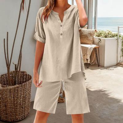 Комплект из 2 предметов из хлопка и льна для женщин, короткий рукав, V-образный вырез, широкие шорты, летний повседневный свободный комплект для отдыха