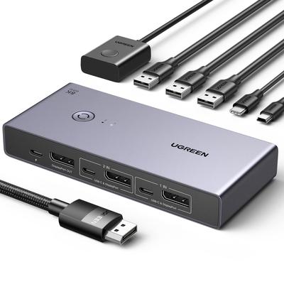 UGREEN KVM-переключатель DisplayPort 2 в 1 с 4 портами USB, 1 жестким диском, 2 кабелями DP и 2 кабелями USB A на C в комплекте, Переключатель 8K@60Hz, Входы, Выход, DP1.4, 3.0 (3 USB-A +