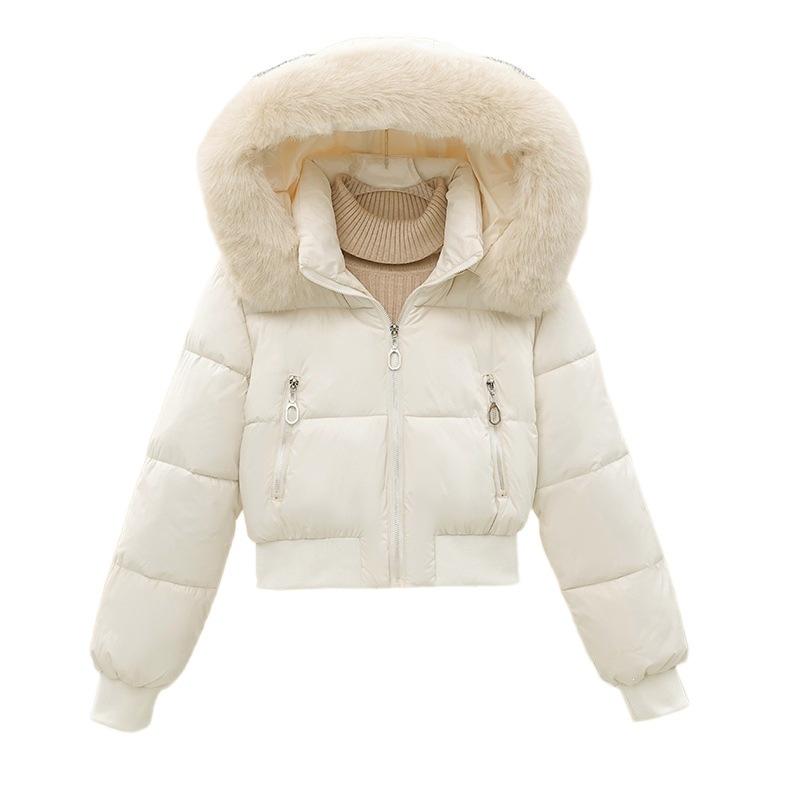 Big fur collar hooded high waist short cotton clothes women's loose bread cotton clothes simple commuter women's clothing can be mixed