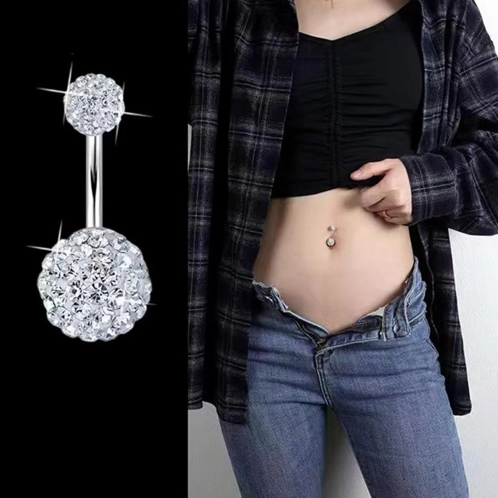 Zircon Crystal Ball Belly Button Rings Stainless Steel Shiny Body Jewelry Gem Navel Piercing Men