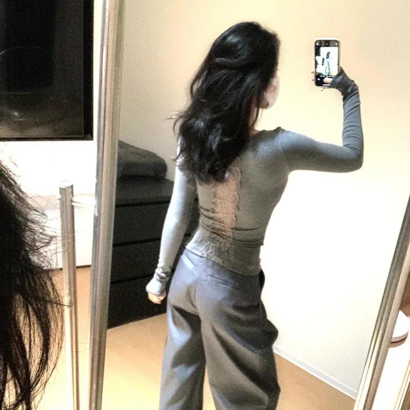 Pure Desire V-neck Sexy Lace Inner Bottoming Shirt for Women Autumn and Winter New Style High-end Slim Gray Long-sleeved Top