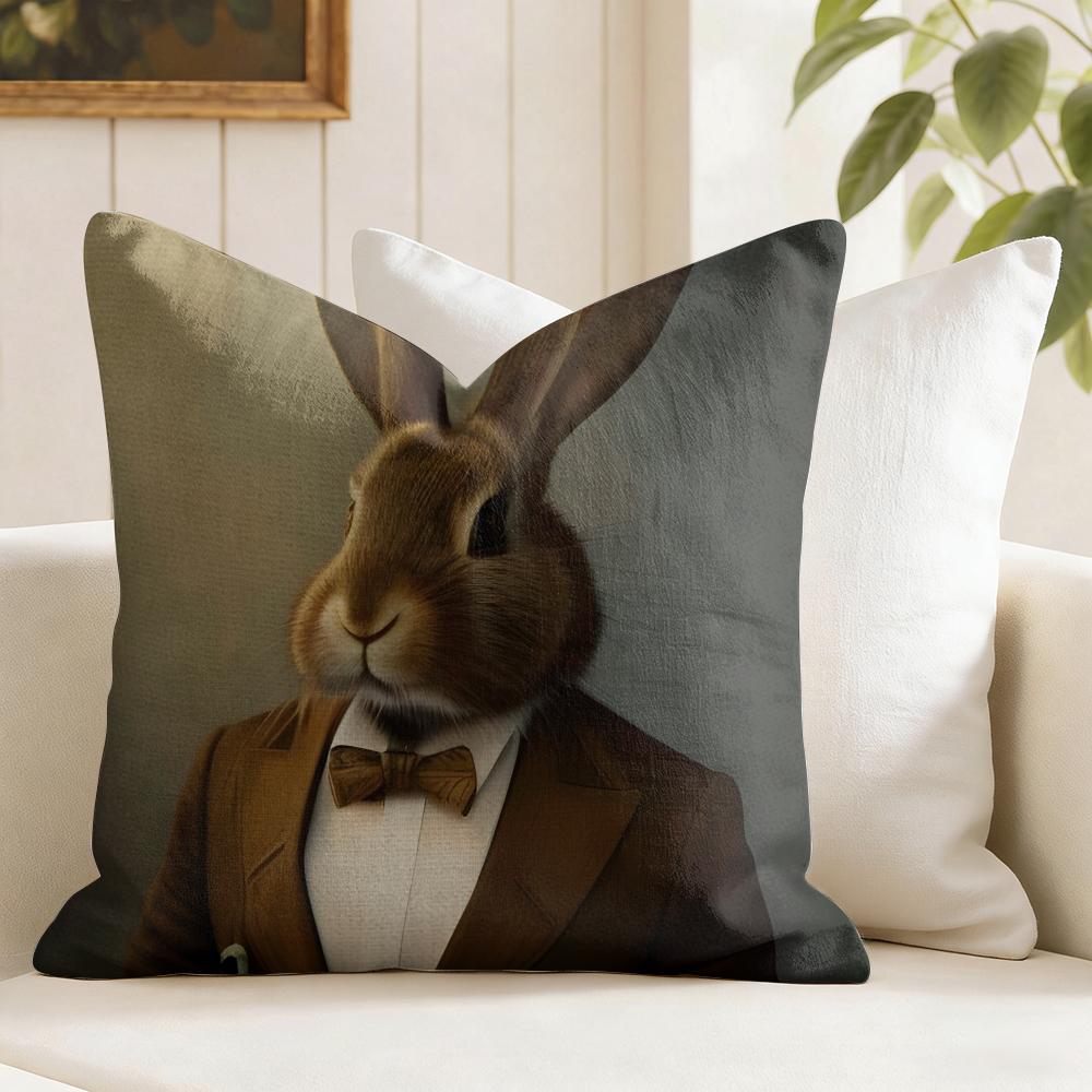 Rabbit Portrait Renaissance Cushion Cover Eco Linen Pillow Case DoubleSided Print Breathable Durable Zipper Home Decor Gift