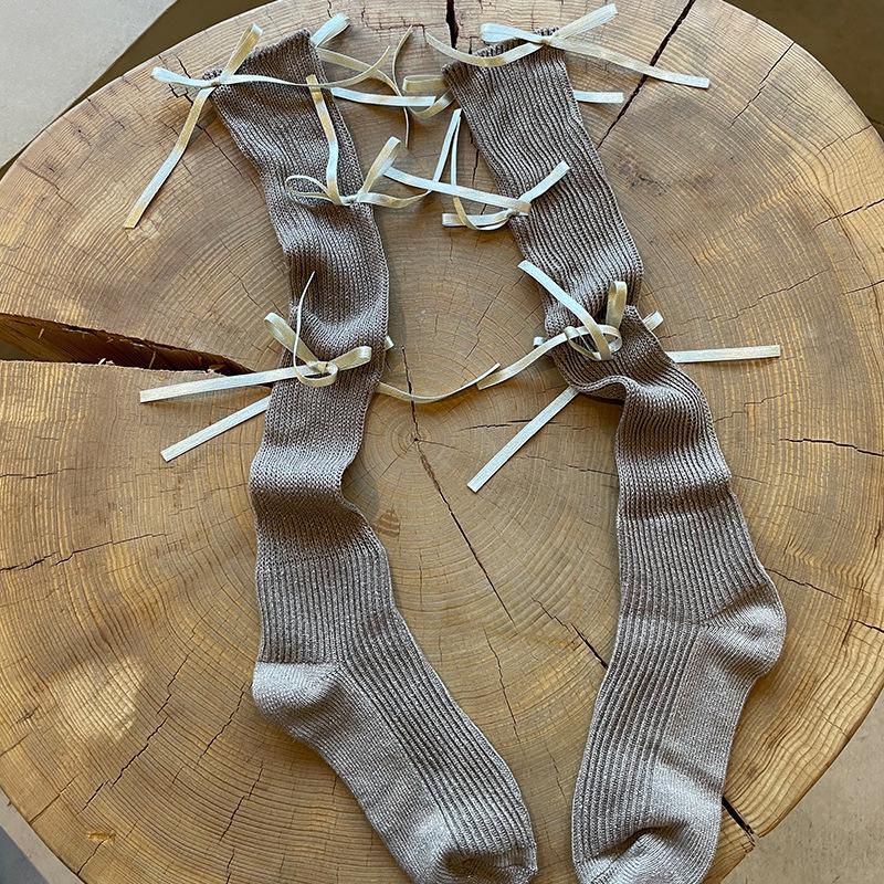 Balletcore Ribbon Tie-Up Ribbed Socks, Sparkly Lurex Knee High Slouch Socks with Bow Detail for Women Girls Y2K Lolita Fashion