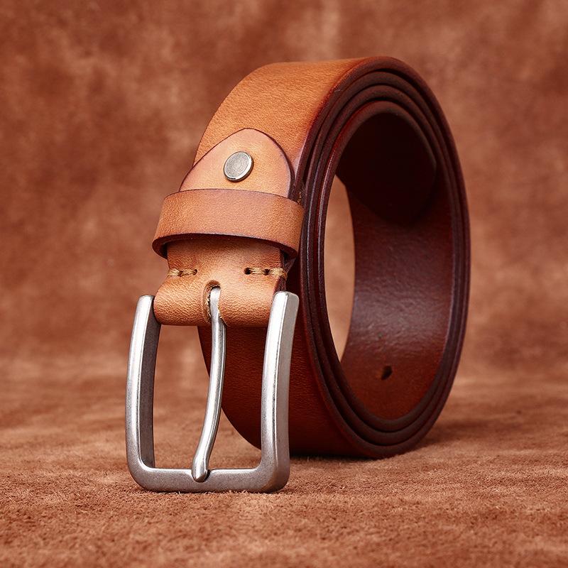 Belt Men's Matte Stainless Steel Buckle Genuine Cattlehide Leather Surface Retro Simple Fashion Trendy All-Matching Jeans Belt