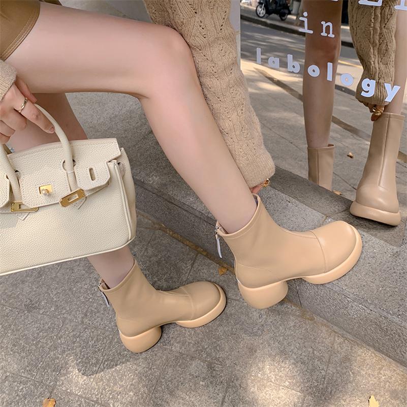 Meotina Женские ботильоны из натуральной кожи с круглым носком и платформой, короткие ботинки на высоком каблуке и молнии, женская модная обувь, осень-зима