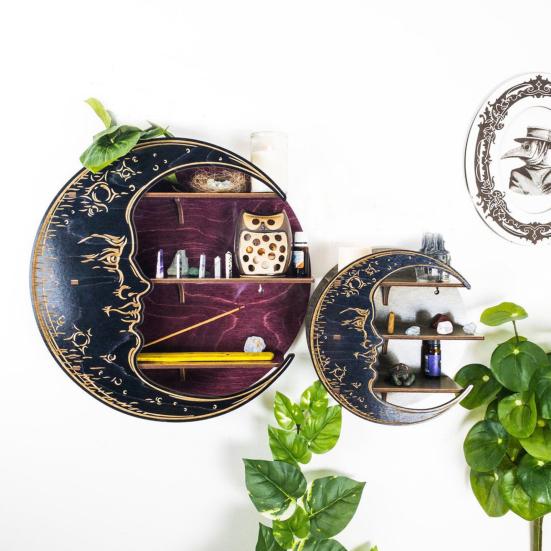 Vintage Display Shelf Fashion Sturdy Stress Relieve Bedroom Wall Hanging Moon Shape Witch Altar Decor