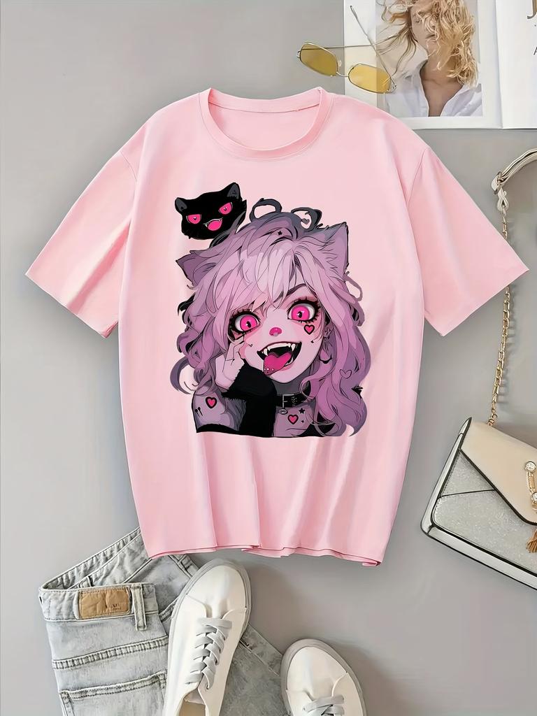 Женская милая футболка с аниме-принтом - Повседневный топ с коротким рукавом и круглым вырезом, с дизайном персонажа с розовыми волосами и кошачьими ушками