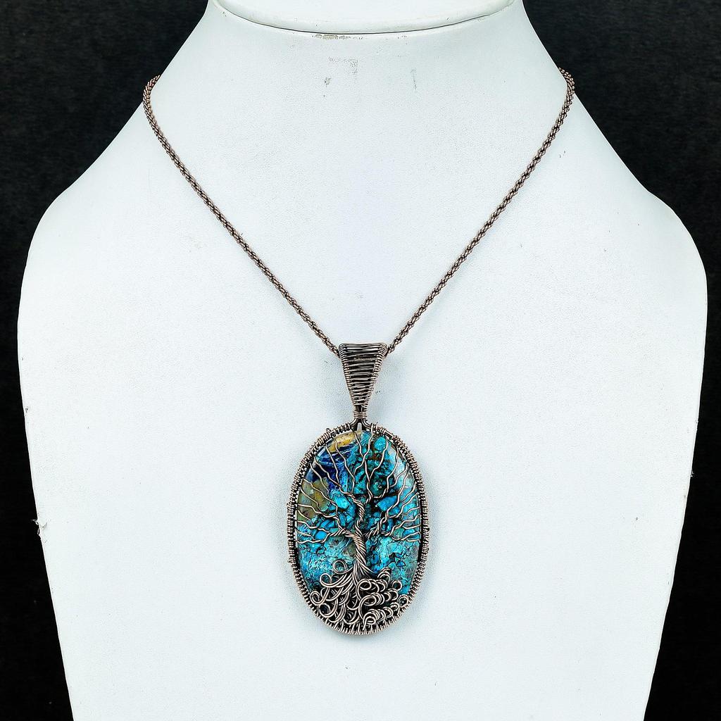 Azurite Malachite Pendant, 999 Copper Wire Wrapped Gemstone Jewelry, Handmade Tree Of Life Pendant, For Thanksgiving