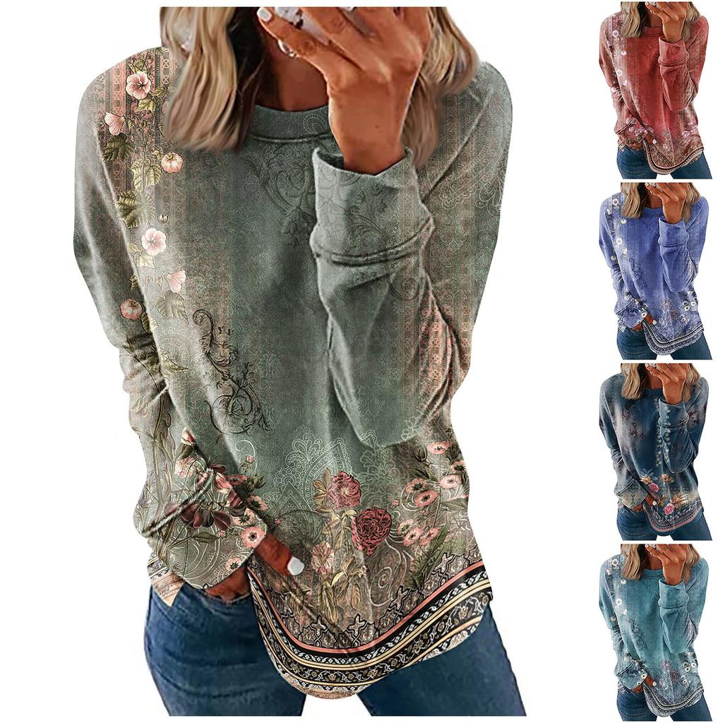 Women's Round Neck Tops Cotton Women's Casual Fashion Print  Long Sleeve O-Neck Pullover Top Blouse