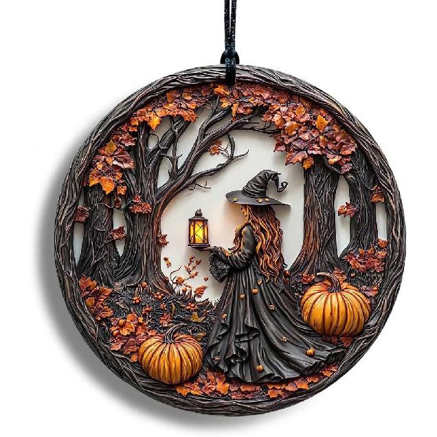 Halloween Stained Glass Window Ornament, Witch Scene with Pumpk, Acrylic Hanging Suncatcher, Round Wall Art Decor, Witchy Ornament for Home Friends
