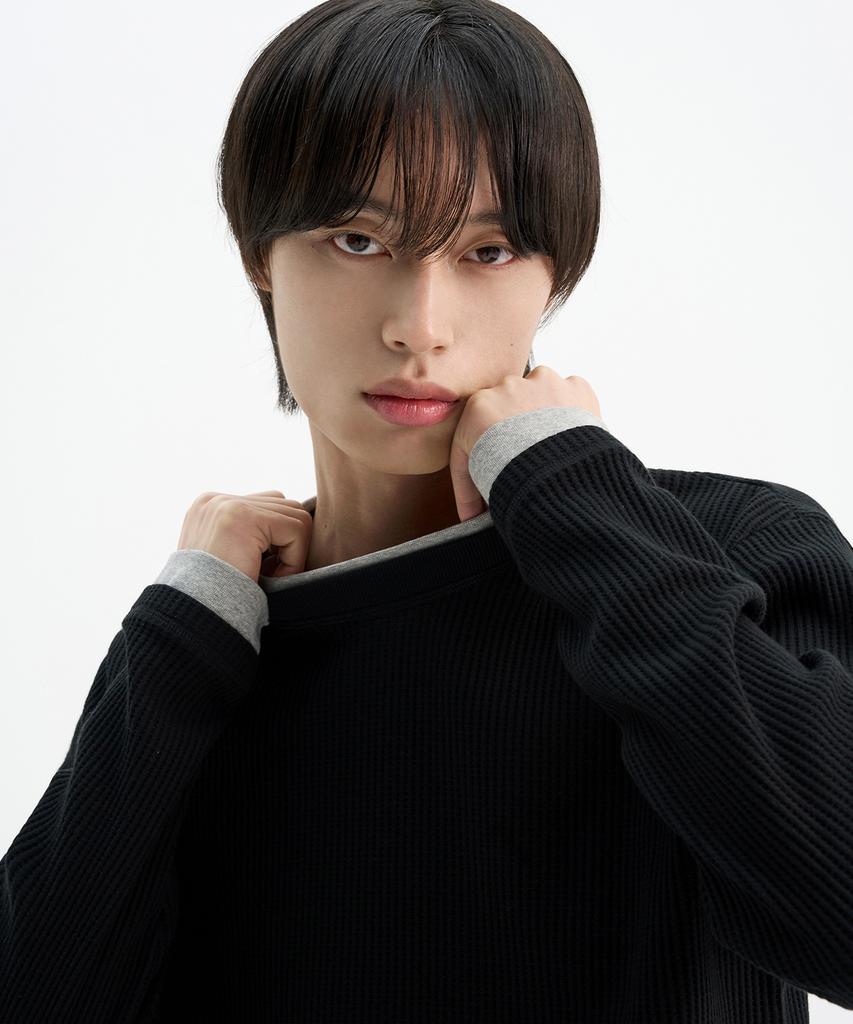 TRIP LE SENS Waffle And Layered Long Sleeve T-Shirt_Black