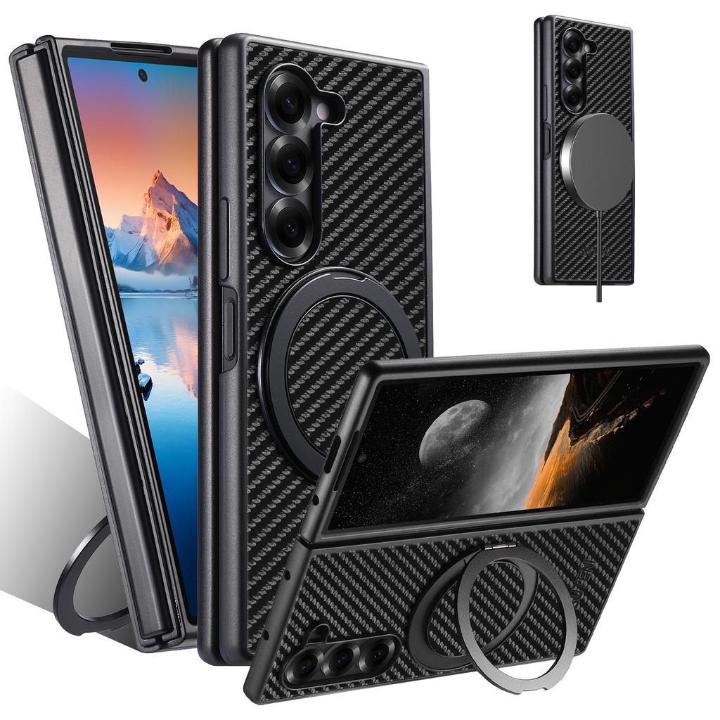 SUTENI G3 For Samsung Galaxy Z Fold6 5G Magnetic Case Rotating Kickstand Carbon Fiber Texture Leather Phone Back Cover
