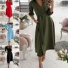 Осень-весна женское платье трапециевидной формы с большим V-образным вырезом и поясом с высокой талией и карманами с длинными рукавами, мягкое платье миди длиной до середины икры для выпускного вечера