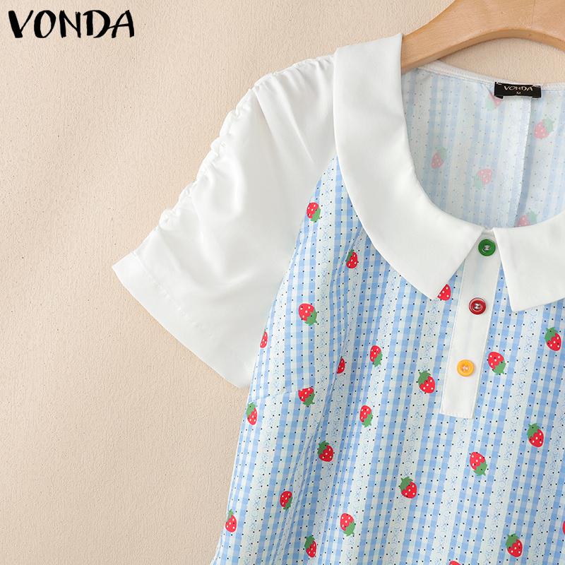 VONDA Women Lapel Neck Short Sleeve Plaid Print Patchwork Ruffled Mini Dress
